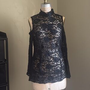 WRll Black Long Sleeves Lace Blouse with Mandarin Collar and Embellished Cut Out